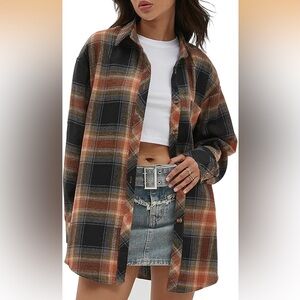 Womens Button Down Flannel Shirts Long Sleeve Plaid Shackets Top Pumpkin Spice L